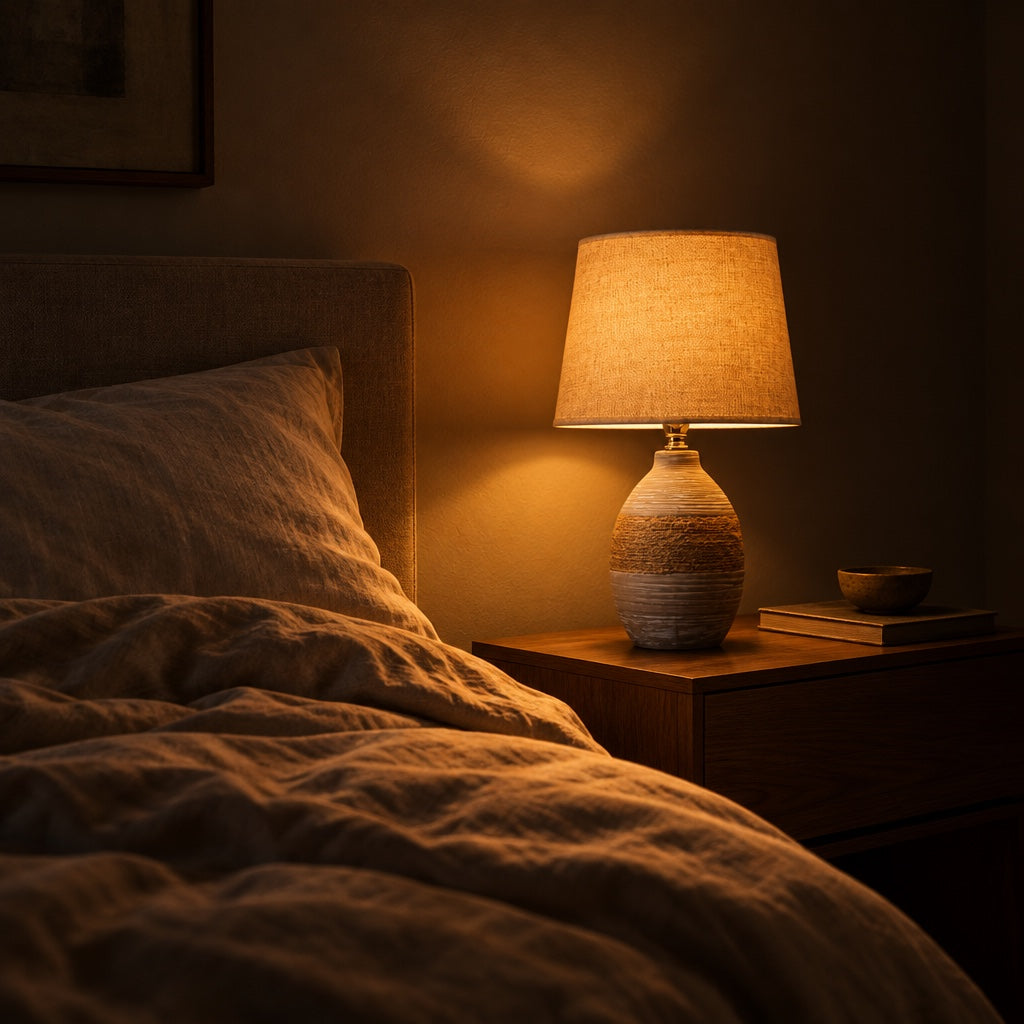 Warm bedroom corner at night lit only by the taupe ceramic table lamp on a walnut nightstand