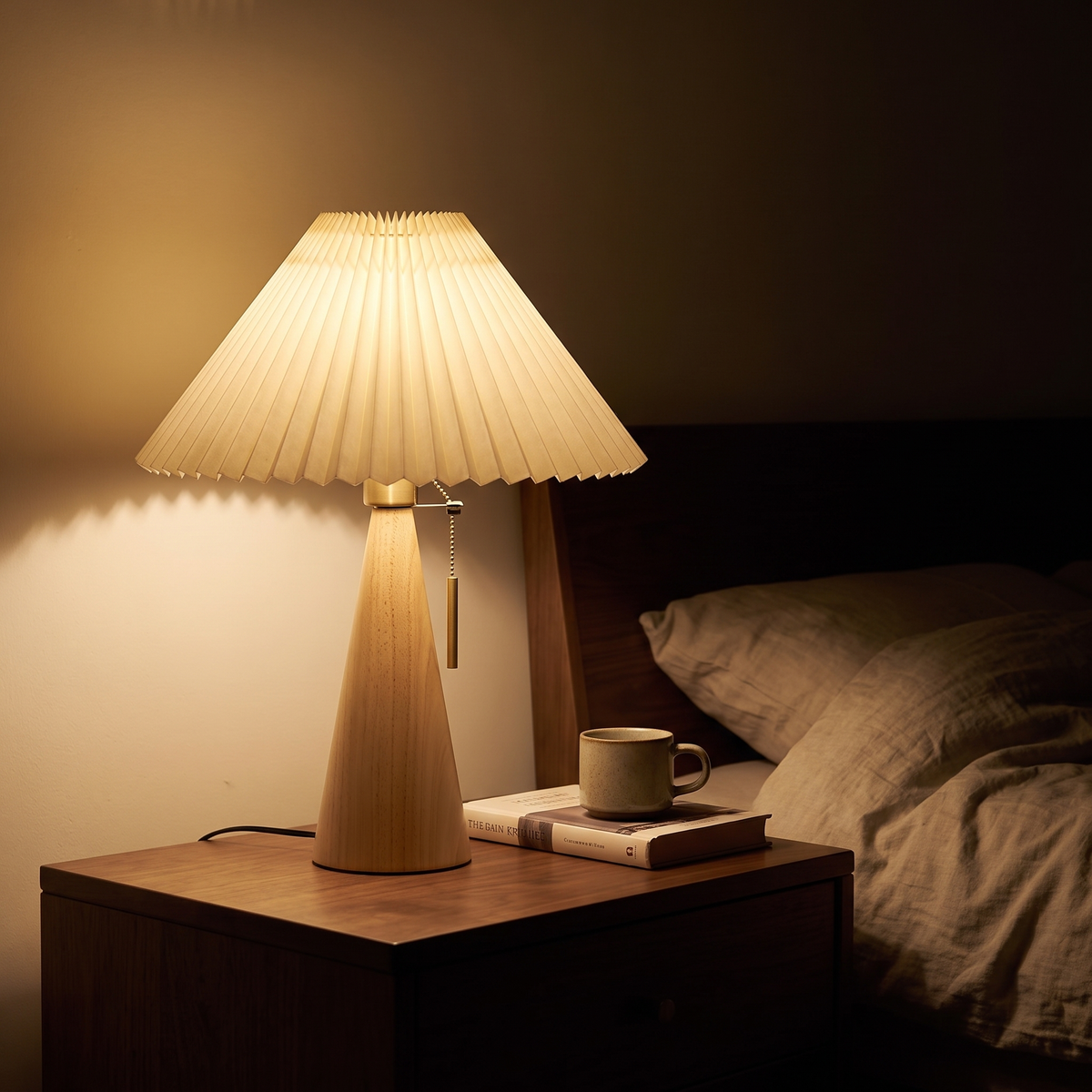 Natural wood pleated table lamp lit at night on a walnut bedside table beside a book and a mug