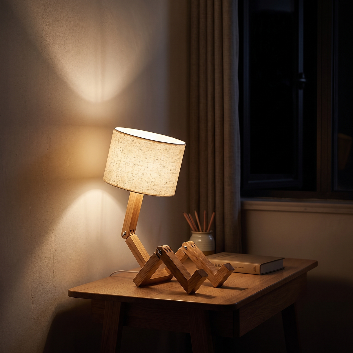 Dark room corner at night lit only by the jointed wooden desk lamp with a beige shade