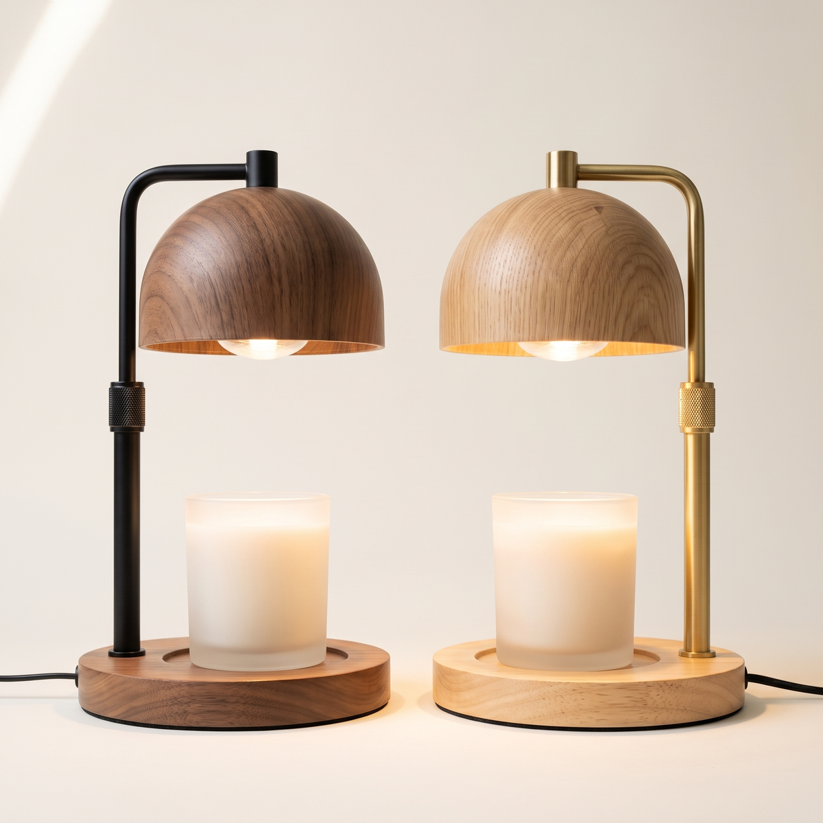 Two candle warmer lamps side by side, walnut with a black arm and natural wood with a brass arm