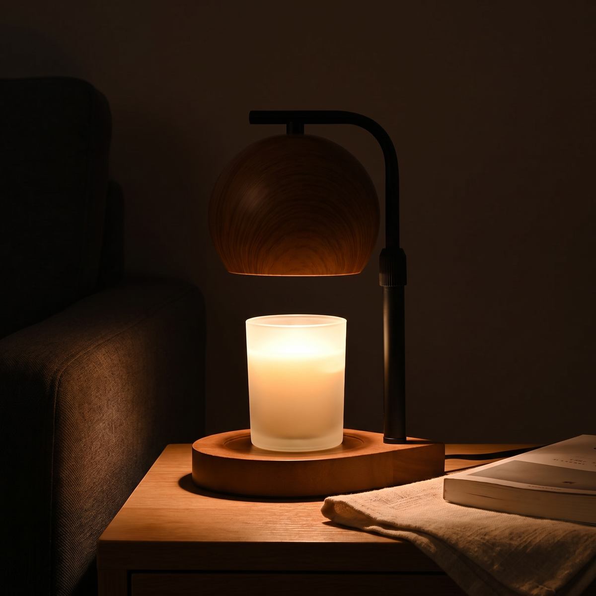 Walnut candle warmer lamp lit at night on a side table beside a book