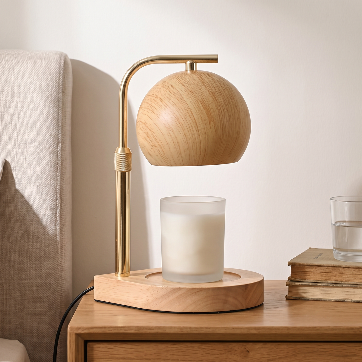 Natural wood candle warmer lamp switched off on a bedroom nightstand in daylight
