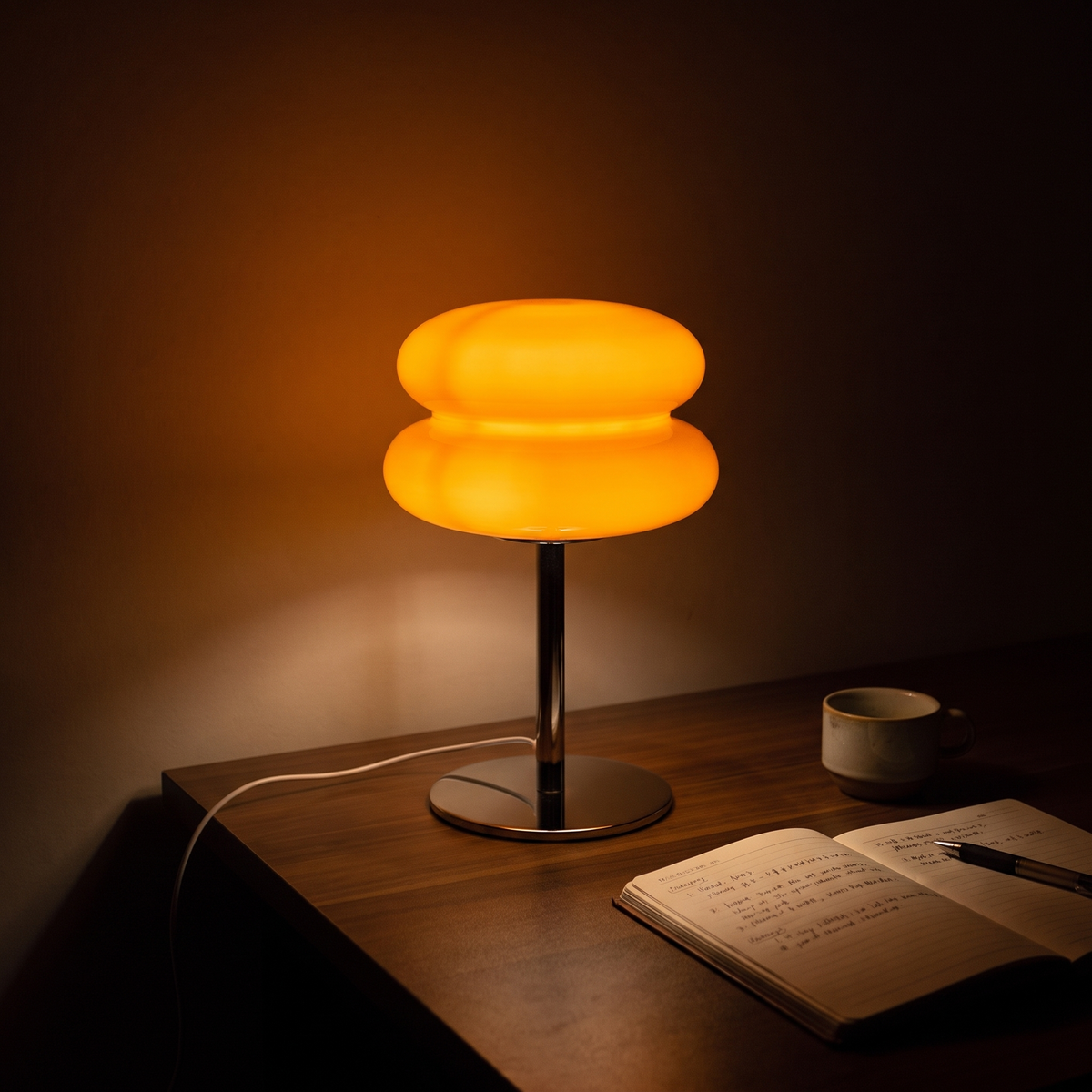 Orange macaron glass table lamp lit at night on a desk beside an open notebook