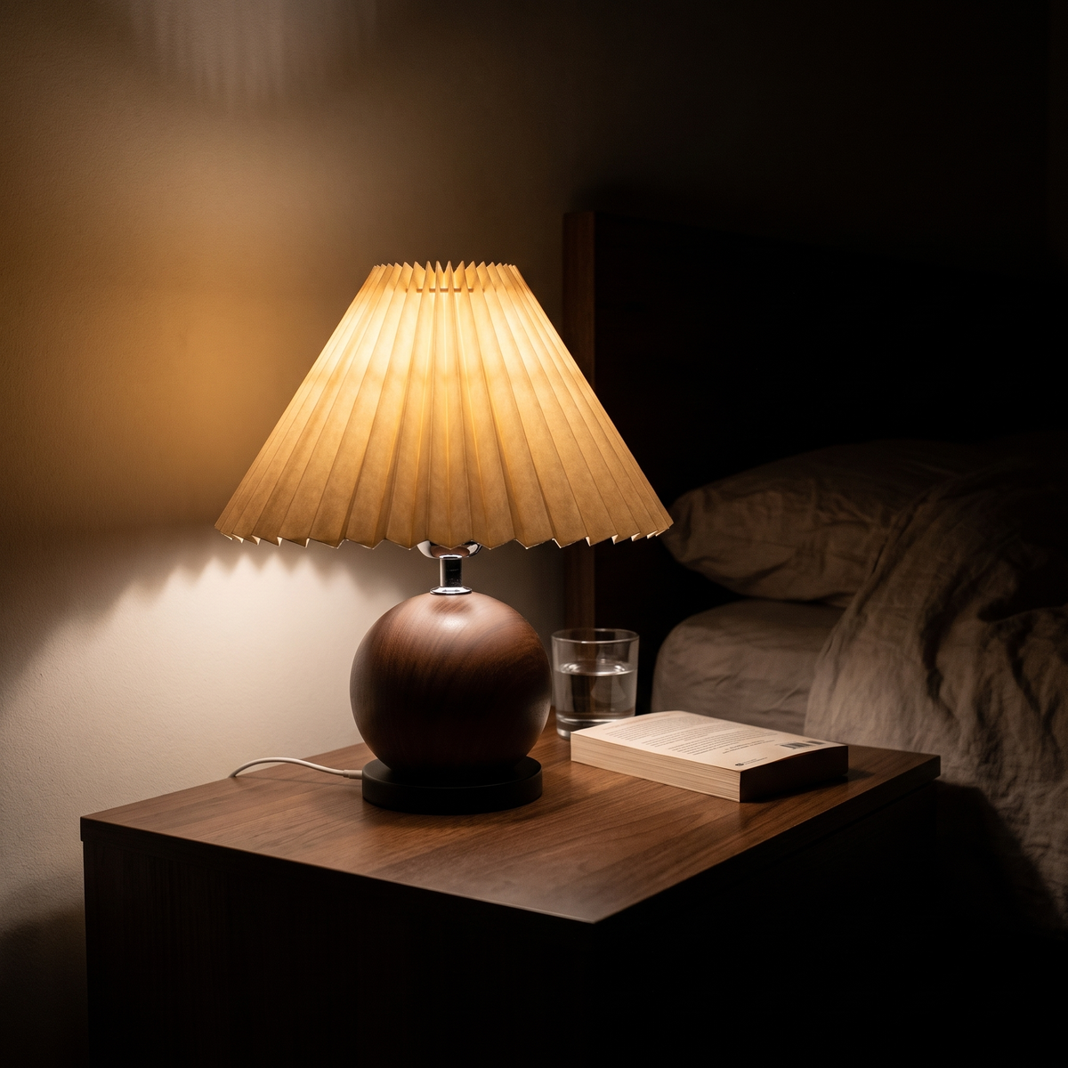 Dark walnut ball table lamp lit at night on a bedside table beside a paperback