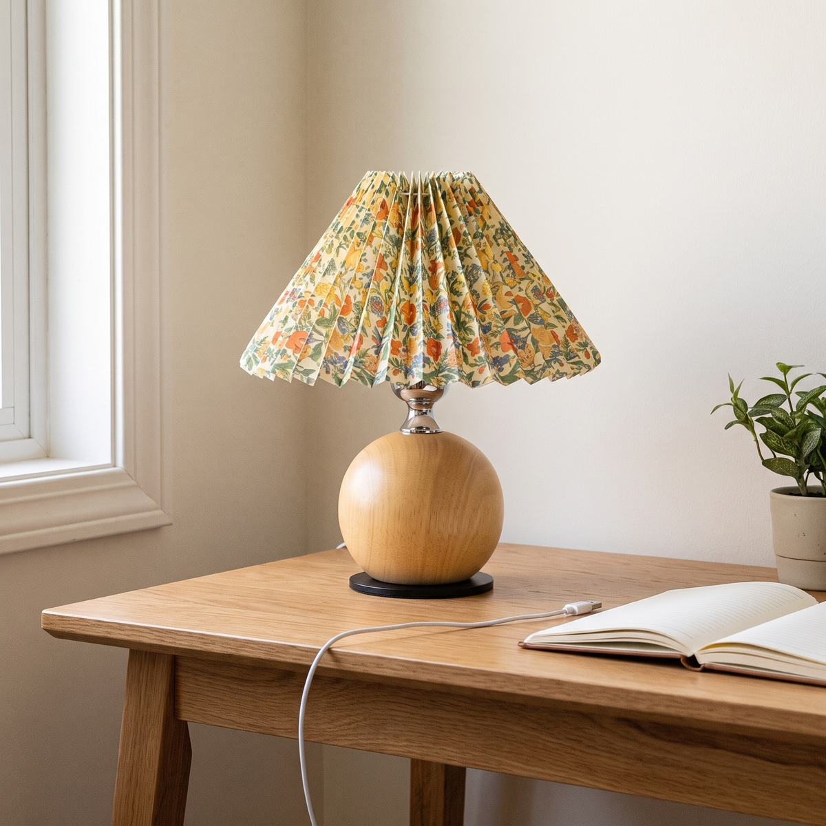 Light wood ball table lamp with a floral shade on a desk corner in daylight