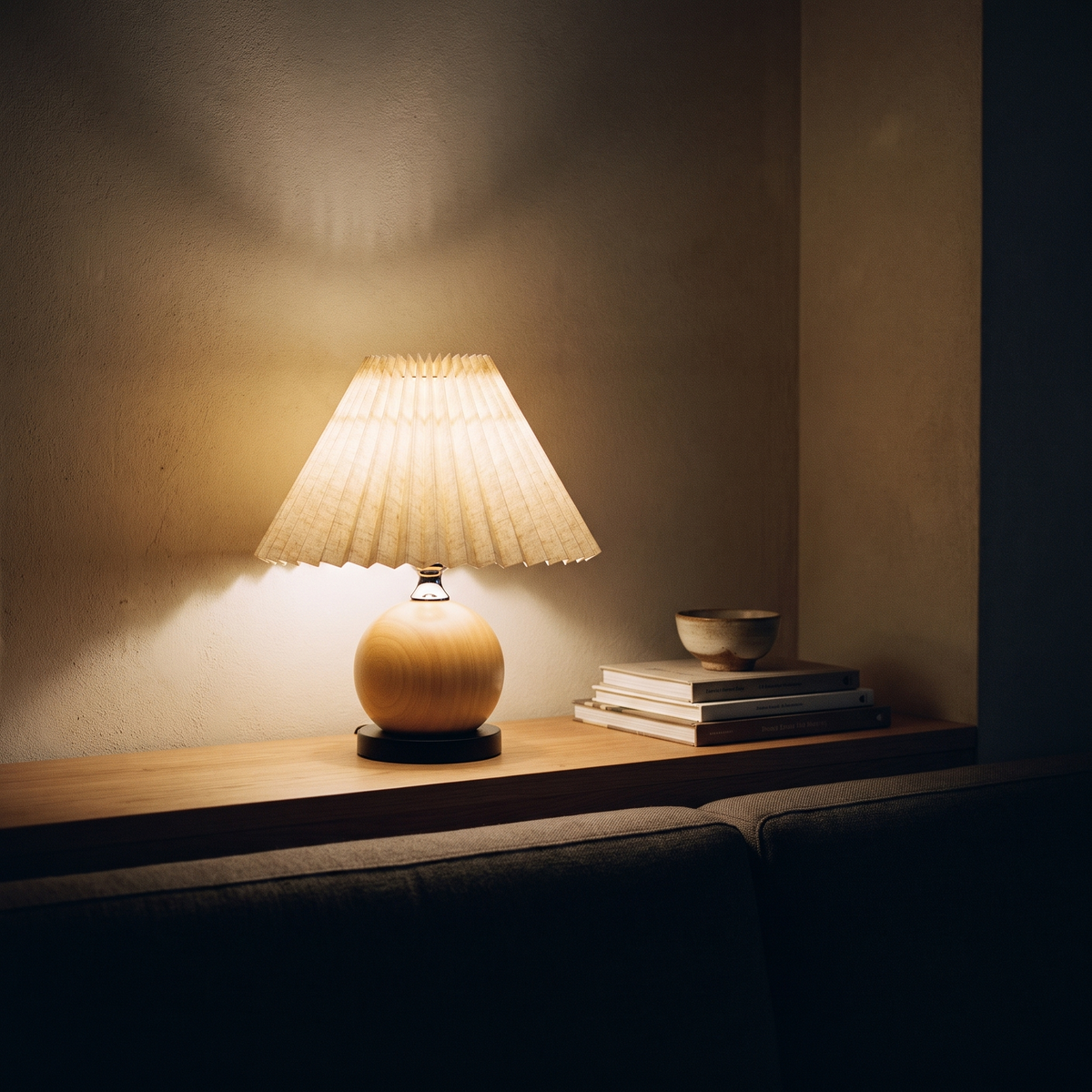 Shelf in the evening lit only by the light wood ball lamp with a linen pleated shade