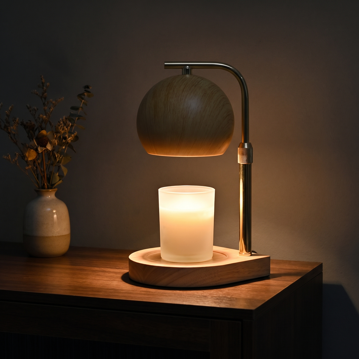 Living room corner in the evening lit only by the natural wood candle warmer lamp