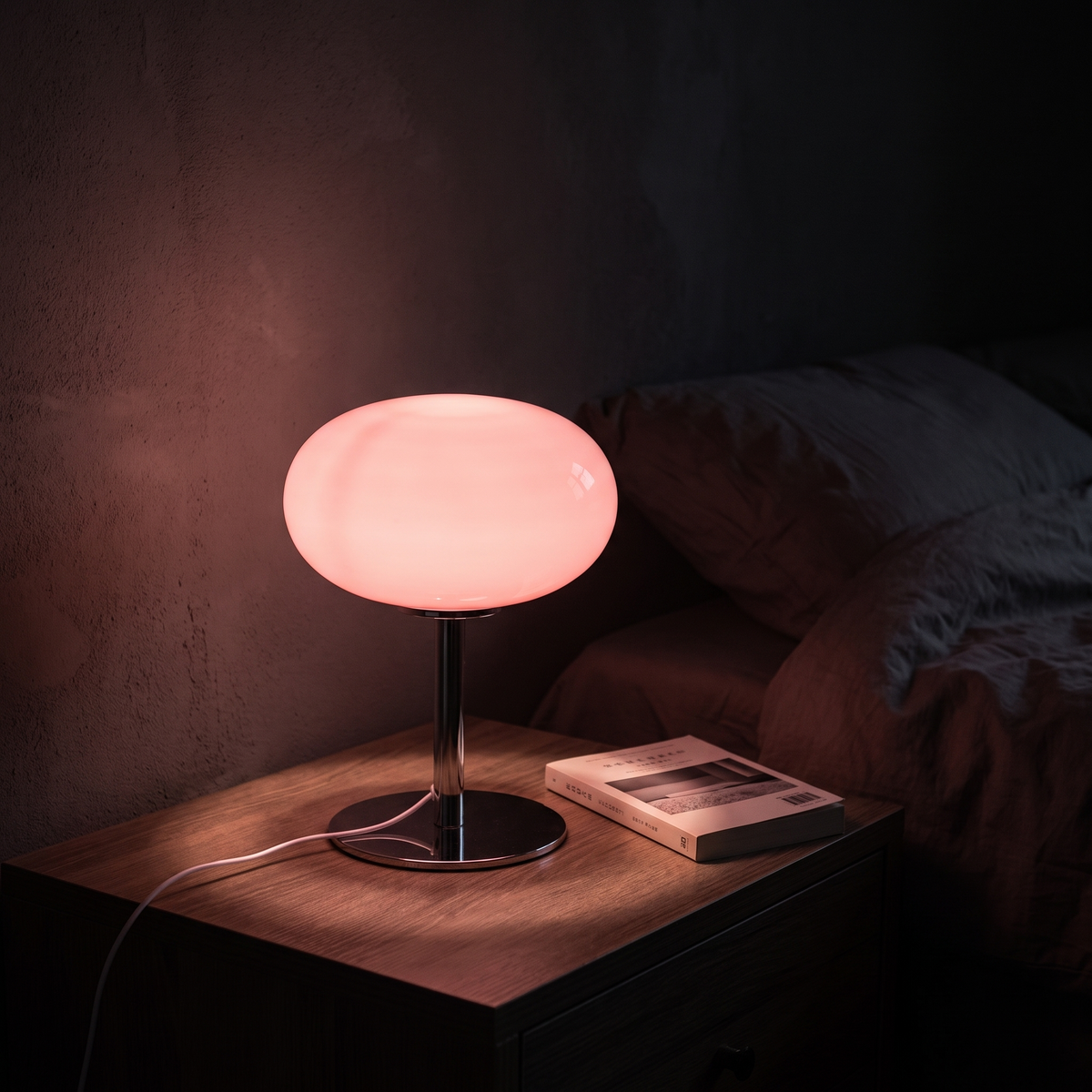 Bedroom corner at night lit only by the pink snowball glass lamp casting rose light on the wall