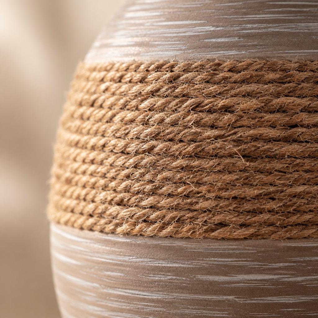 Close up of the twisted natural rope band wrapped around the ribbed ceramic lamp base