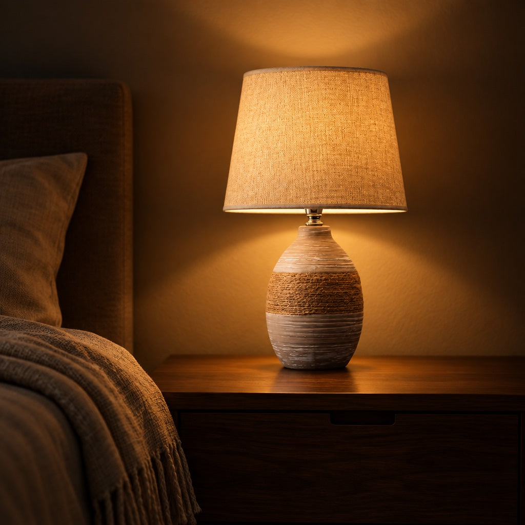 Taupe ceramic table lamp switched on at night beside a bed casting a warm amber glow